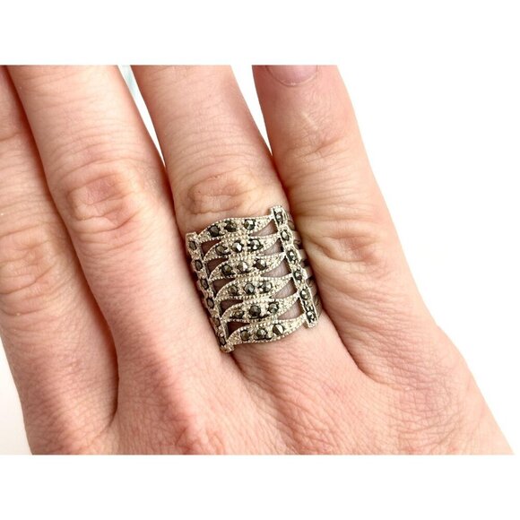 Art Deco Marcasite Gemstone Wavy Chunky Banded Gemstone Vintage Ring - sz 5.5 - Picture 9 of 10